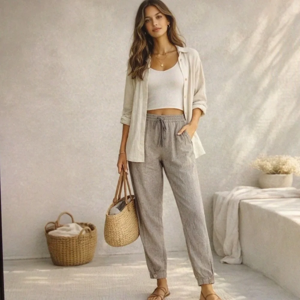 Poetry Linen Blend Drawstring Ankle Pants Size 14 Coastal Chic Navy Quiet Luxury - Picture 2 of 12